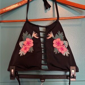 Victoria’s Secret PINK Black Halter Bikini Top with Floral Embroidery Size Med